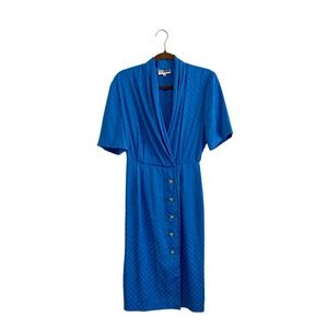 Vintage Petite Focus Sample Dress 8P Royal Blue Gold Pearl Button Pleated Midi